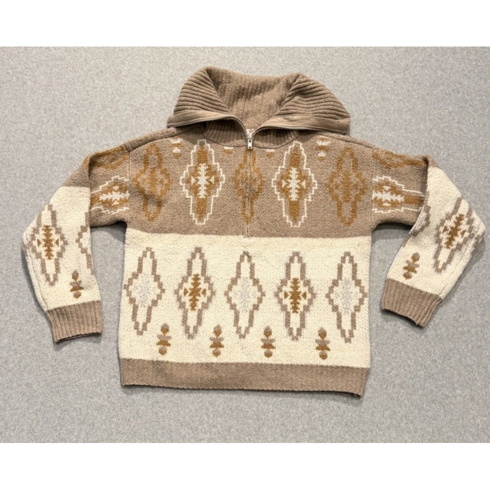Vintage Pink Republic Womens Med Aztecs Cream And Beige Quarter Zip